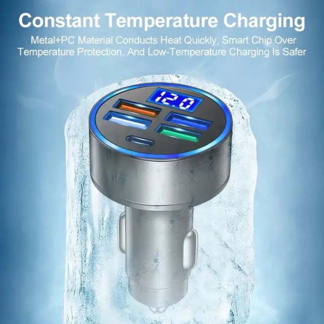 RDRKR 120W 5-Port Car Charger with PD Fast Charging & LED Voltage Display - USB C Cigarette Lighter Adapter (4 USB + 1 PD) for iPhone, Android