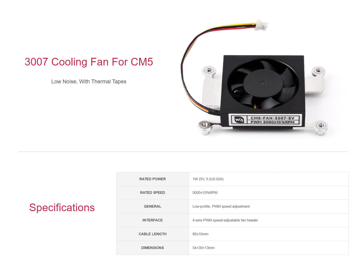 Waveshare Raspberry Pi CM5 Cooling Fan, 500010% RPM, 5V, 54x39x13mm, Desktop/Radiator Compatible