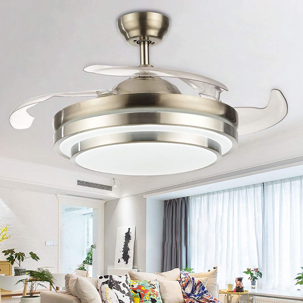 Modern Ceiling Light with Fan Remote Control Retractable Blades 3 Color Lighting 3 Speed Chandelier Light Retractable Invisible Blade for Living Room