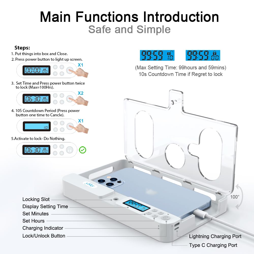 ySky Phone Lock Box with Timer,Phone Access Blocker Device for Cell Phones, Limits Smartphone Access, Reduces Screen Time & Improves Focus,Timed Jail