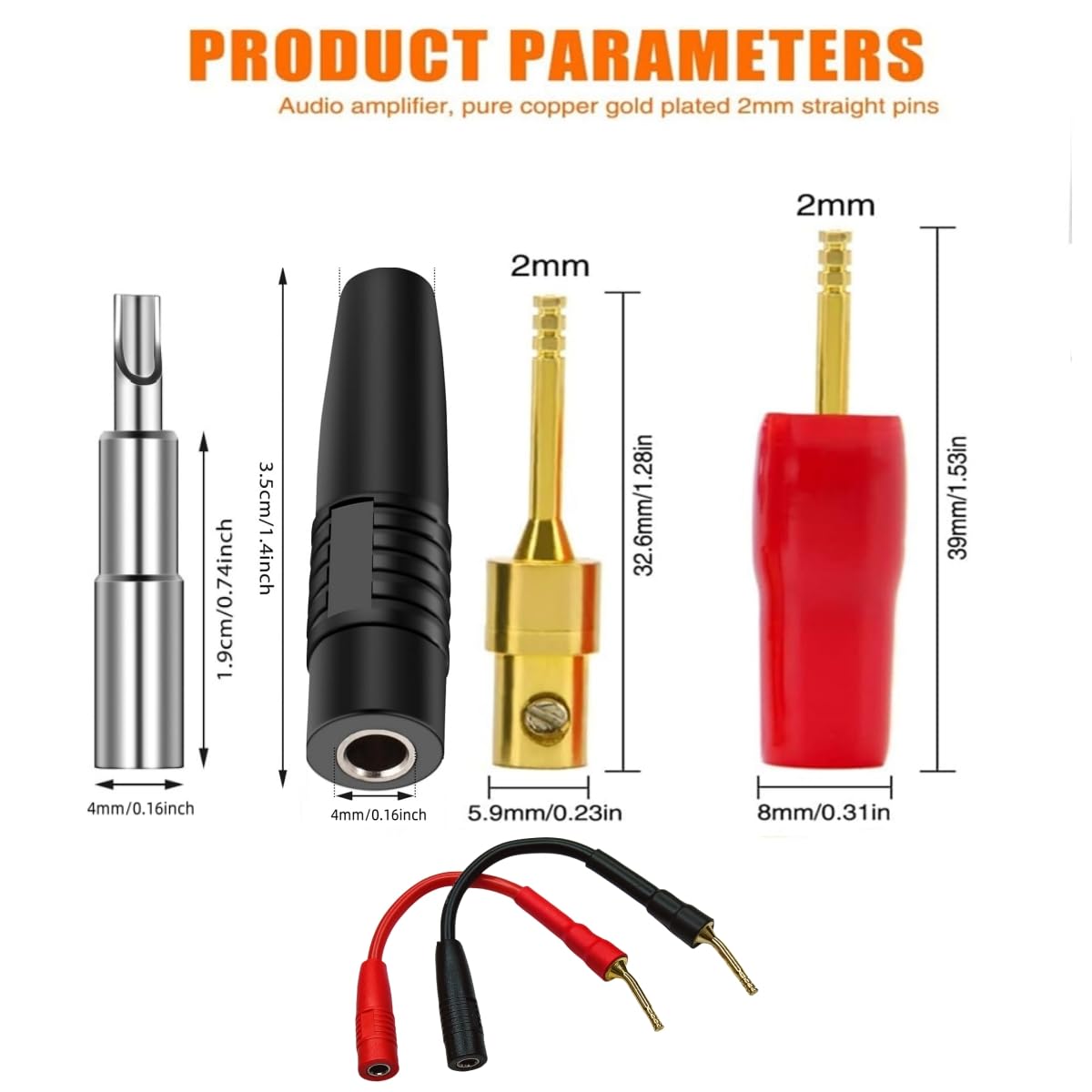 Sam&Johnny Banana Plug Adapter 4-Pack - Gold Plated Speaker Wire Connectors 2mm to 4mm for Amplifier Home Theater Audio Equipment