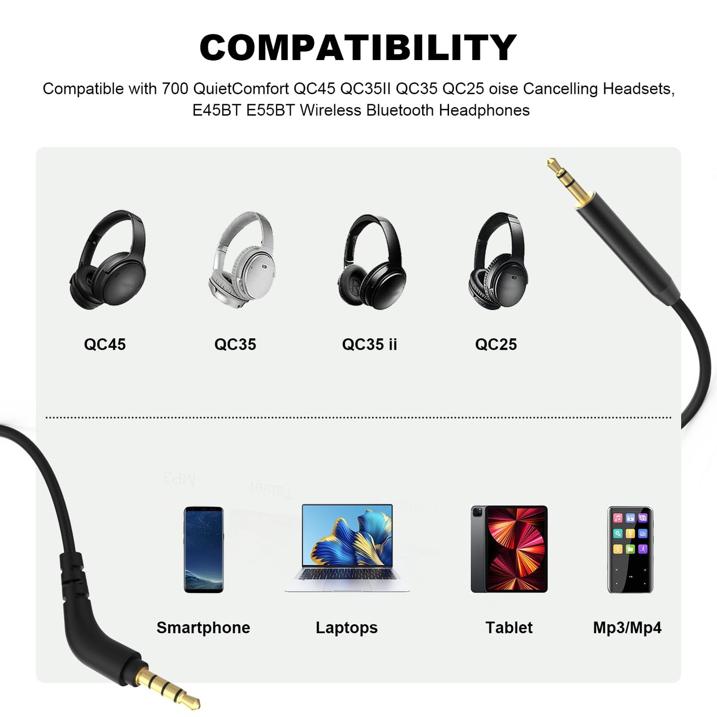 Replacement Audio Cable Aux Cord 3.5mm to 2.5mm Male Wire Compatible with Bose Quietcomfort QC45 QC35ii QC35 QC25 On-Ear 2 OE2 OE2i NC700 Noise…