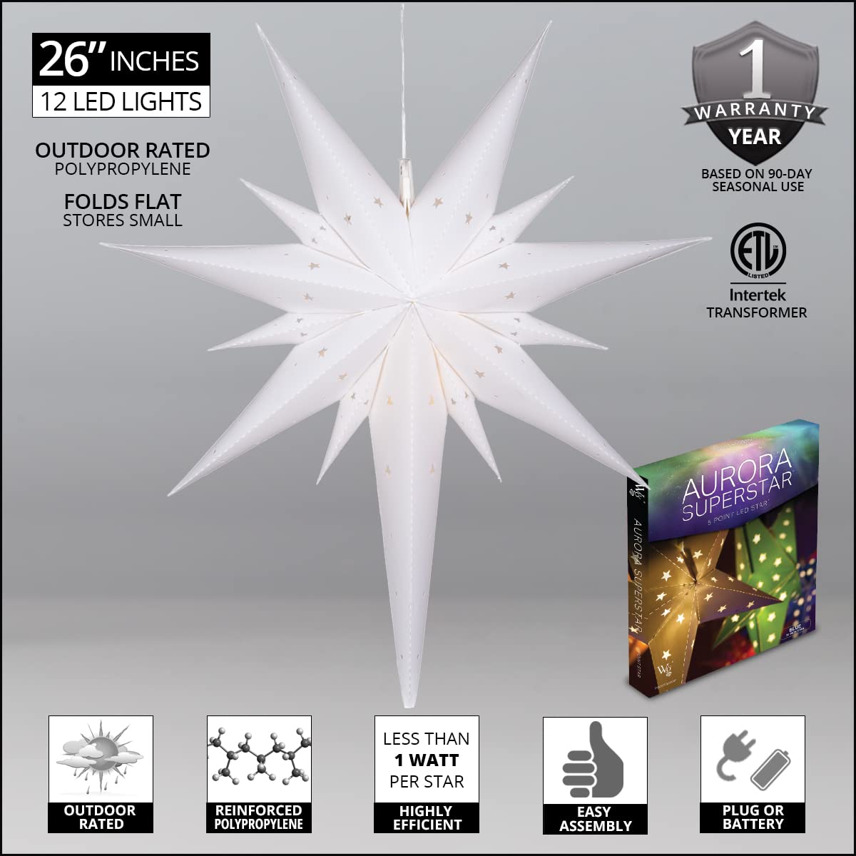 Wintergreen Lighting 26" White Bethlehem Star Fold-Flat Christmas Star Lights Reusable LED Plug-in or Battery Indoor-Outdoor 3D Hanging Decoration