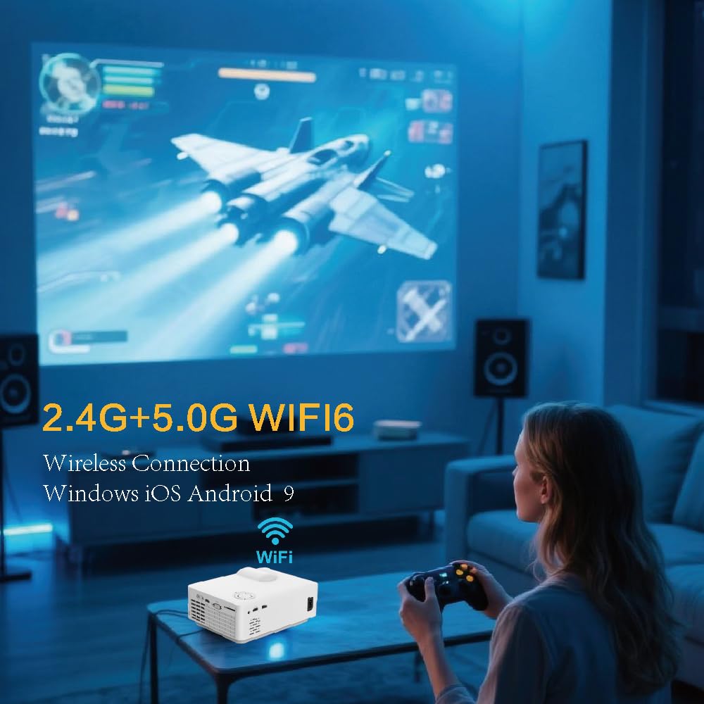 Android Projector Small Projector Native 1080P Auto Keystone Electric Focus Function Simple Operation Projector for Camping, Bedroom, Backyard, Office