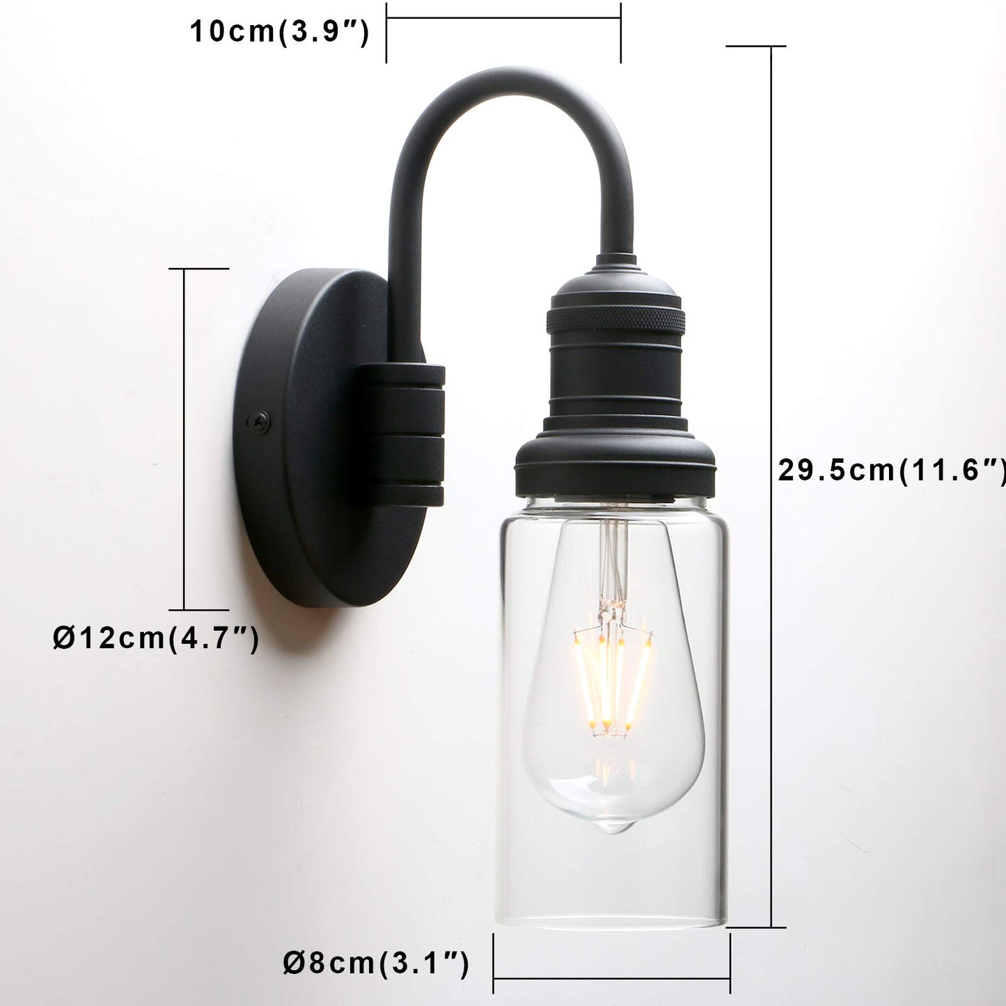 PERMO Industrial Vintage Sconce Black Sconce with 3.1" Cylindrical Clear Glass Shade Wall Mount Light Fixture for Living Room Bathroom Entertry