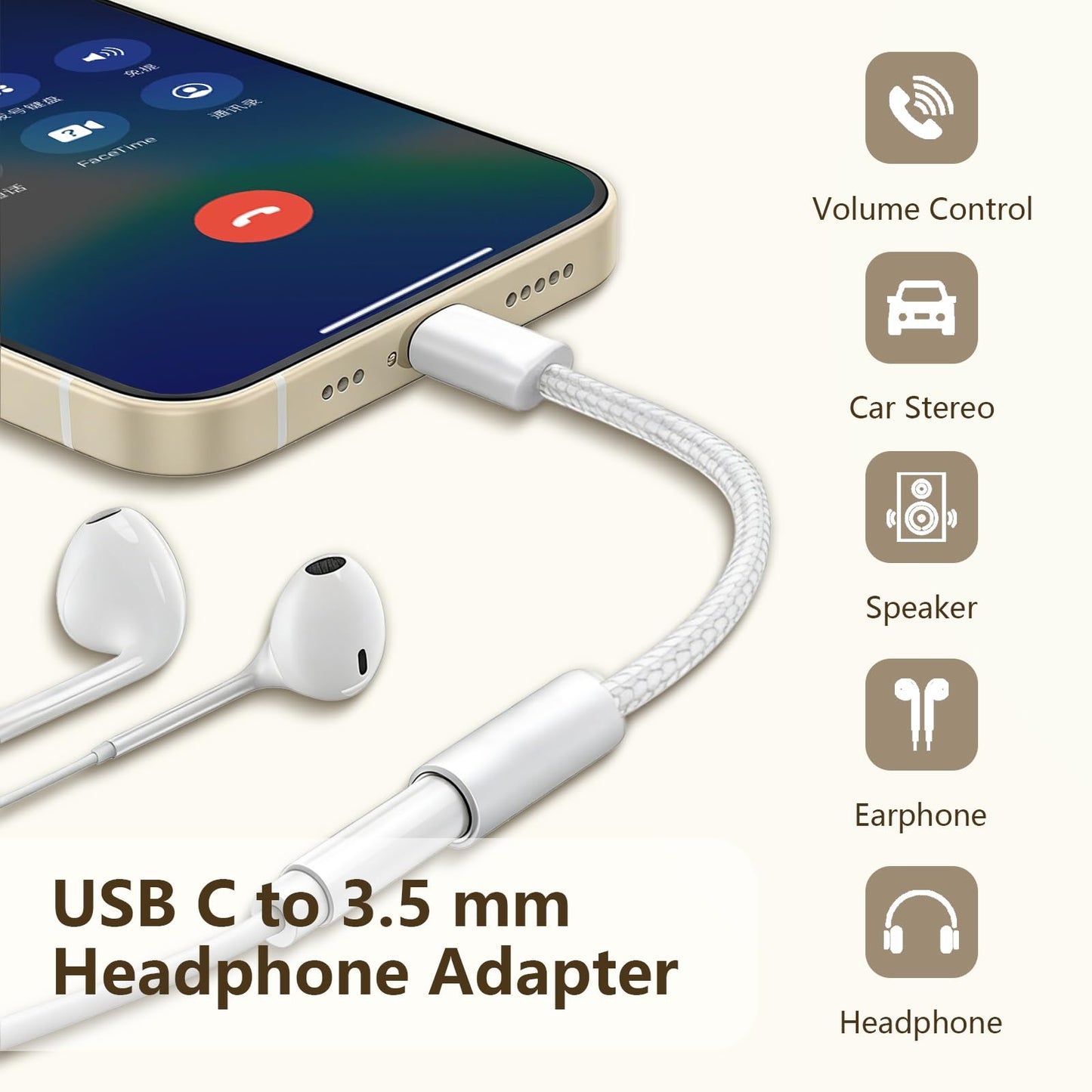 USB-C to 3.5mm Audio Headphone Adapter - HiFi Compatible with Apple iPhone 17 16 15 Galaxy S25 S24 S23 S22 S21 Plus Pro Max Ultra Pixel iPad - Type C