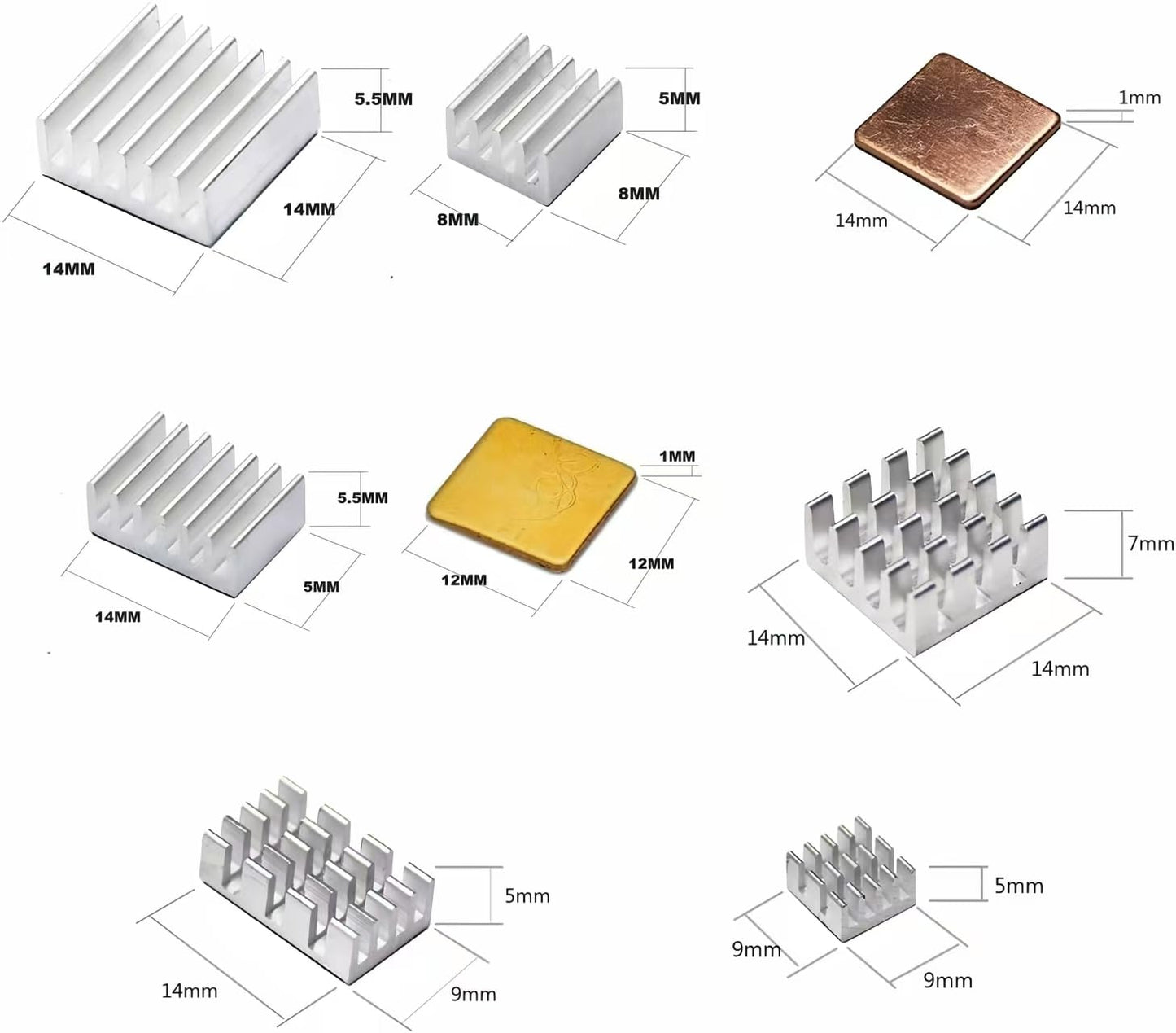 Pastall 100 PCS (8 Different Sizes) Heatsink Kit with Conductive Adhesive Tape, Aluminum Heat Sinks Cooler and Copper Heat Sink for Raspberry Pi A B