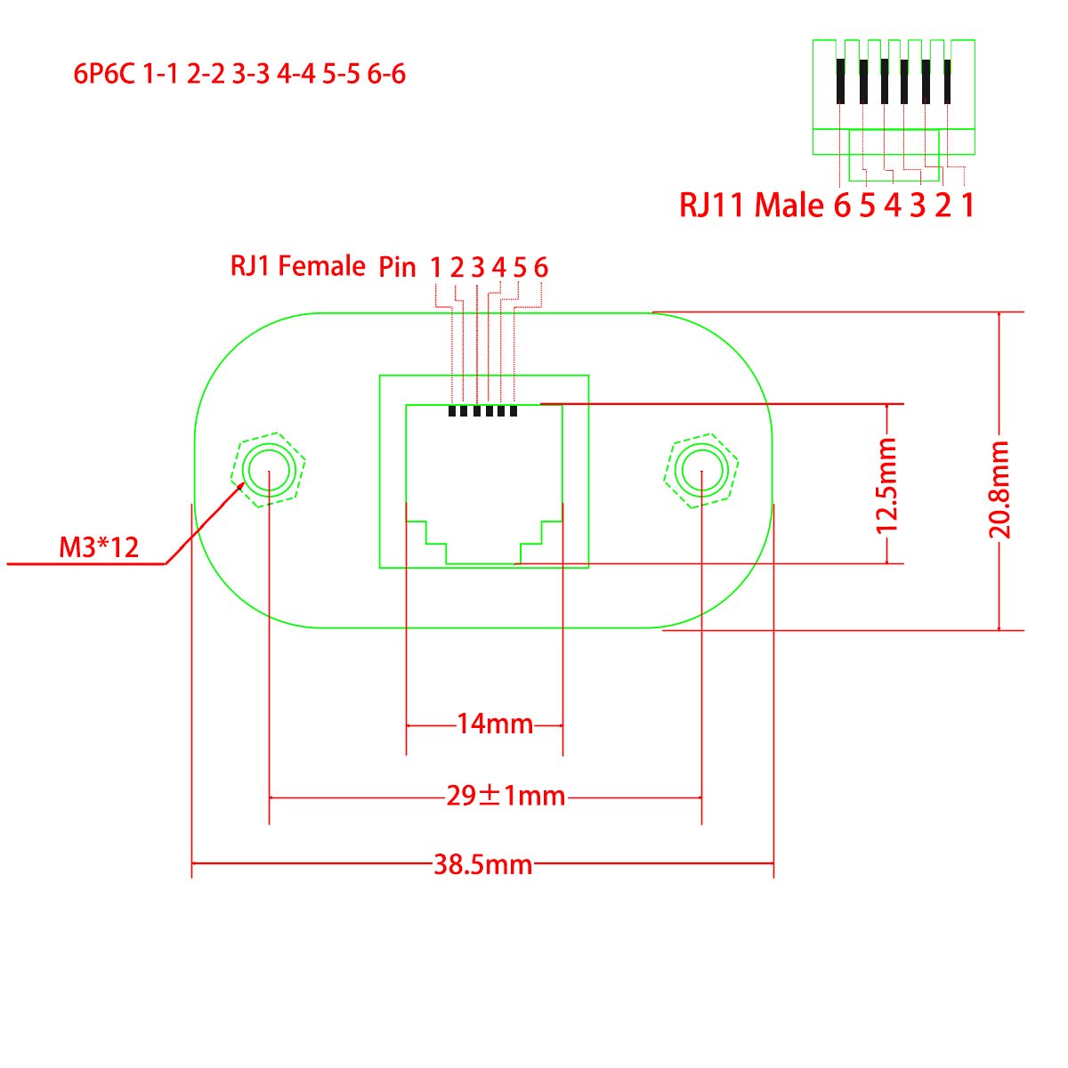 0.8FT RJ11/RJ12 6P6C Female to Male Extention Panel Mount Adapter Cable (6P6C)