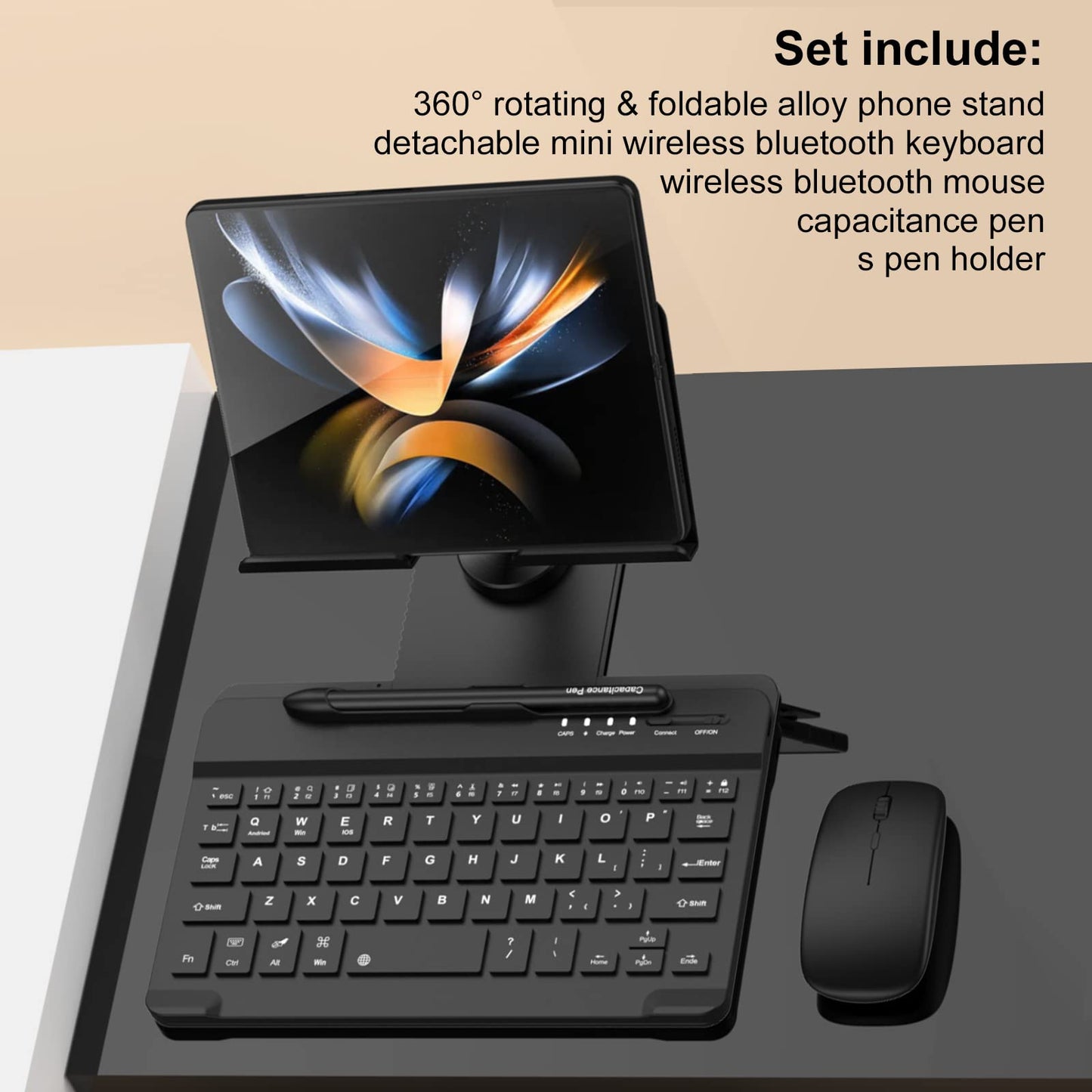 Libeagle Desktop Stand & Bluetooth Keyboard Combo for Galaxy Z Fold 7/6/5/4 & Z Trifold, 4-in-1 Includes Mouse Pen, Slot, Adjustable Foldable Tablet