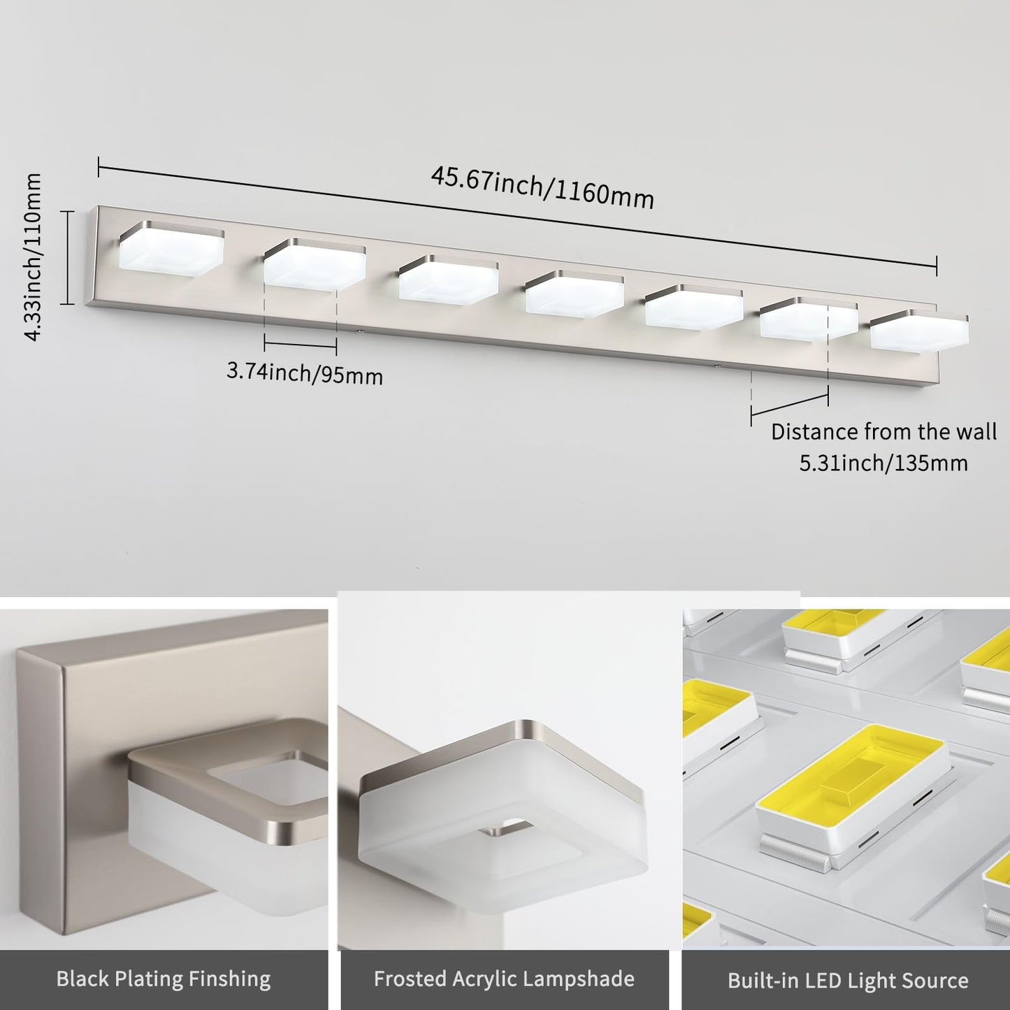 Bicrink 7-Light Bathroom Vanity Light Fixture Over Mirror, Nickel LED Vanity Lighting Fixtures, 45.67 inch Modern Bathroom Wall Light Fixtures