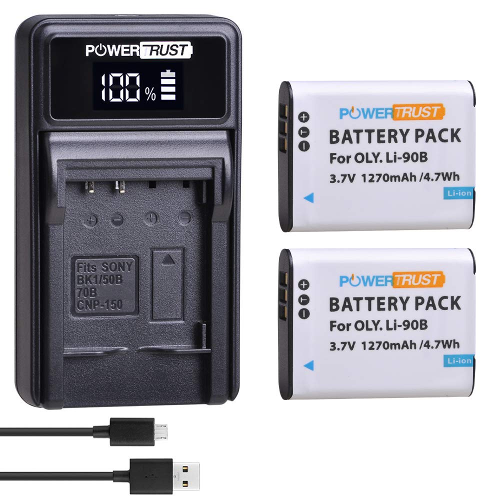 PowerTrust 2Pack LI-90B Li-92B Battery and Charger for Olympus Tough TG-1 iHS TG-2 iHS TG-3 TG-4 SH50 iHS SH60 Batteries
