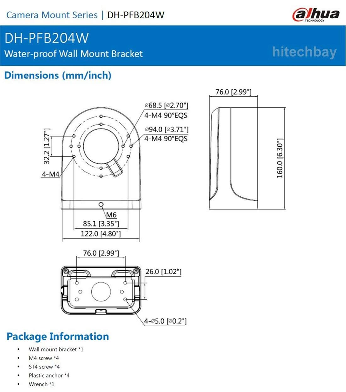 HCDIM PFB204W Wall Mount Bracket Aluminum Alloy Waterproof for Dahua Dome IP Camera, HDW4631C-A, HDBW4431R-ZS, HDBW4431R-S, HDBW4431R-AS Series