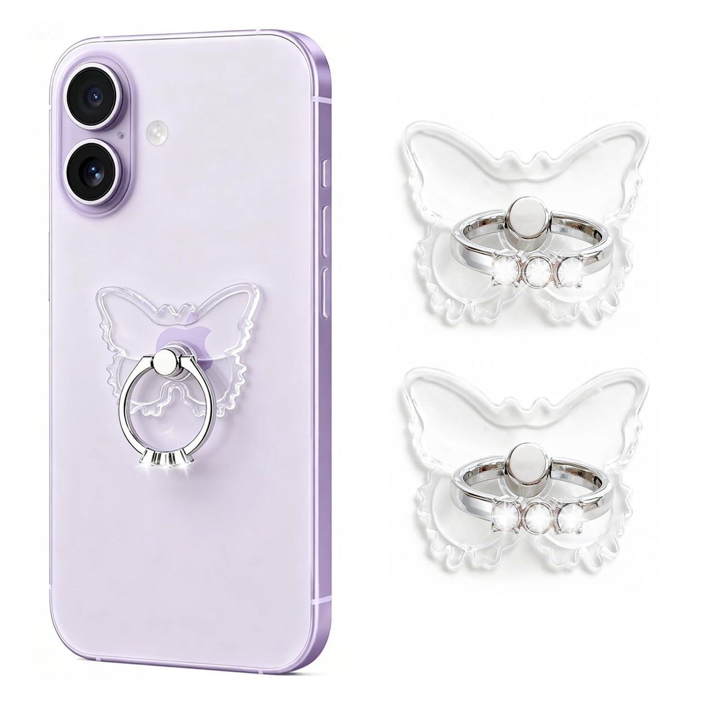 2PcsTransparent Phone Ring Holder Grip, Clear Butterfly Cell Phone Ring Holder Stand with Diamonds,360°Rotation Finger Grip Ring Kickstand Compatible