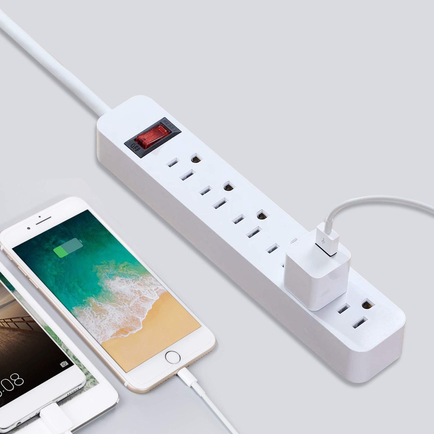 EXTRASTAR 6 Outlets Power Strip, 6 Ft Extension Cord 1875W,15A Build-in Circuit Breaker, Mountable, Thin Flat Plug, Desktop Charging Station for Home