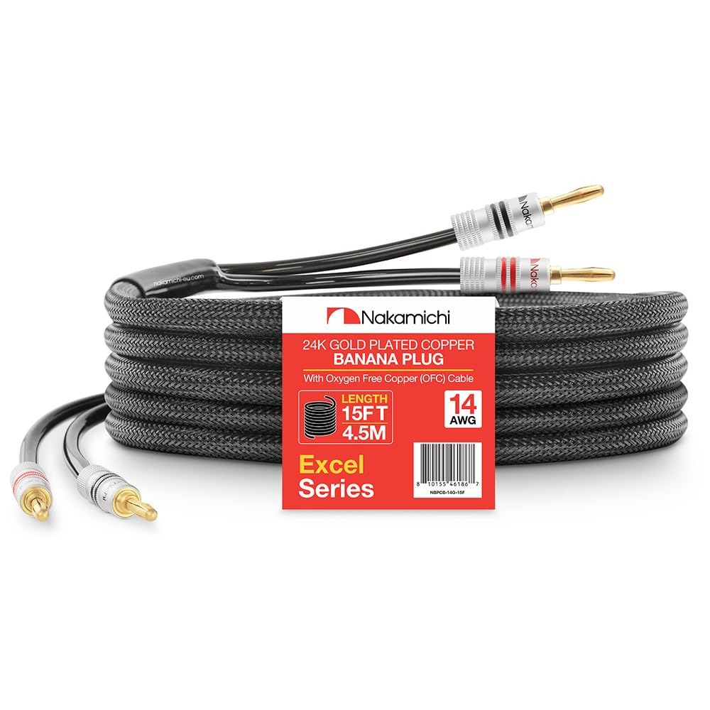 Nakamichi Excel Series 24k Gold Plated Banana Plugs with Speaker Cable Wire 99.9% Oxygen-Free Copper (OFC) Heavy Duty Braided for Amplifier Hi-Fi Home