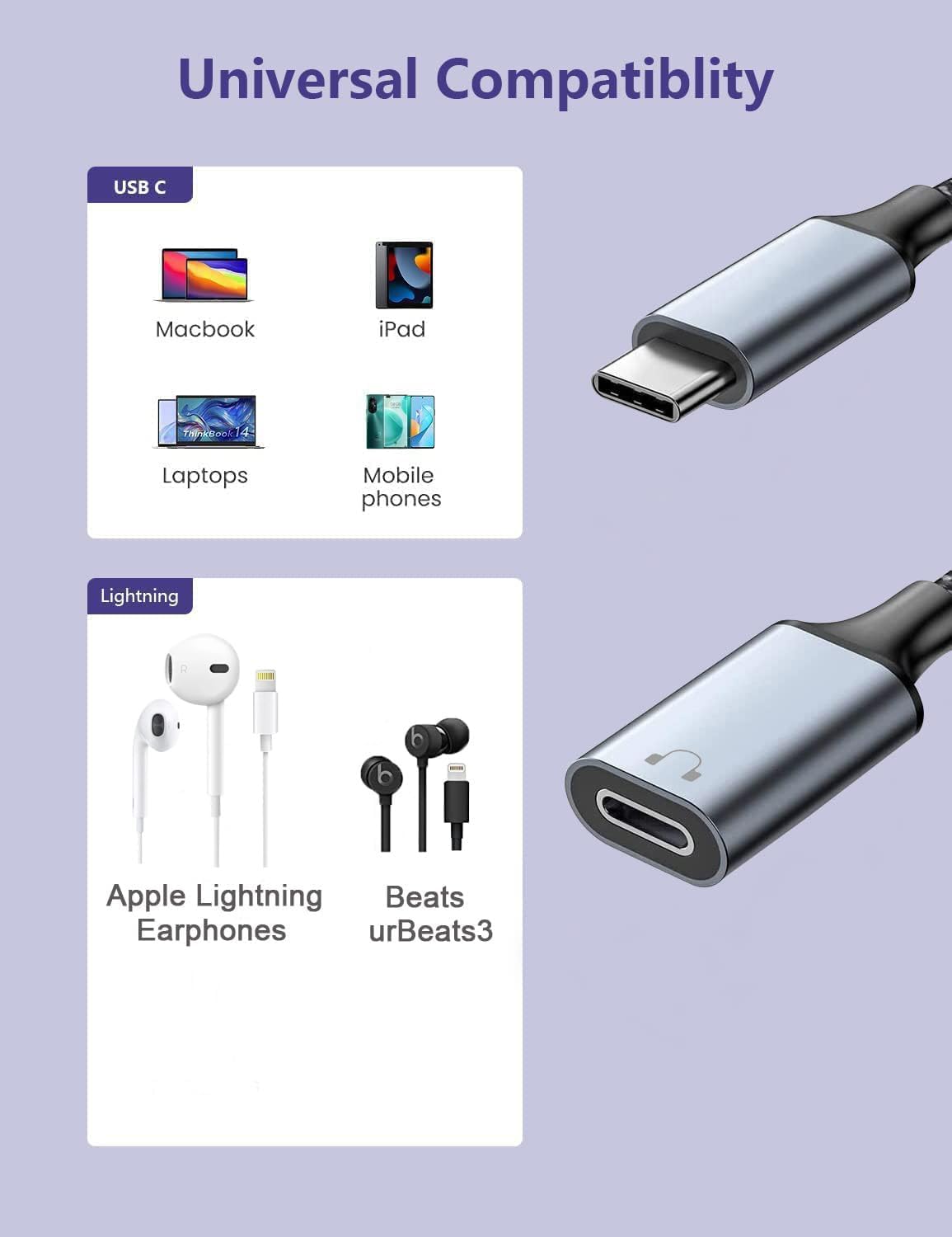USB C to Lightning Audio Adapter Cable USB Type C Male to Lightning HiFi Audio Female Headphones Converter Fit with iPhone 16 15, iPad Pro/Air