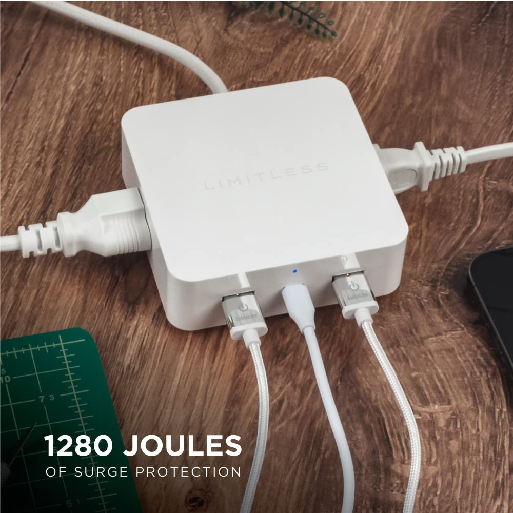 Limitless PowerPro 5-Device Charger with 2X USB Ports, 1x Type-C 20W Power Delivery Port, 2X AC Outlets, and 1,280 Joules of Surge Protection (White)