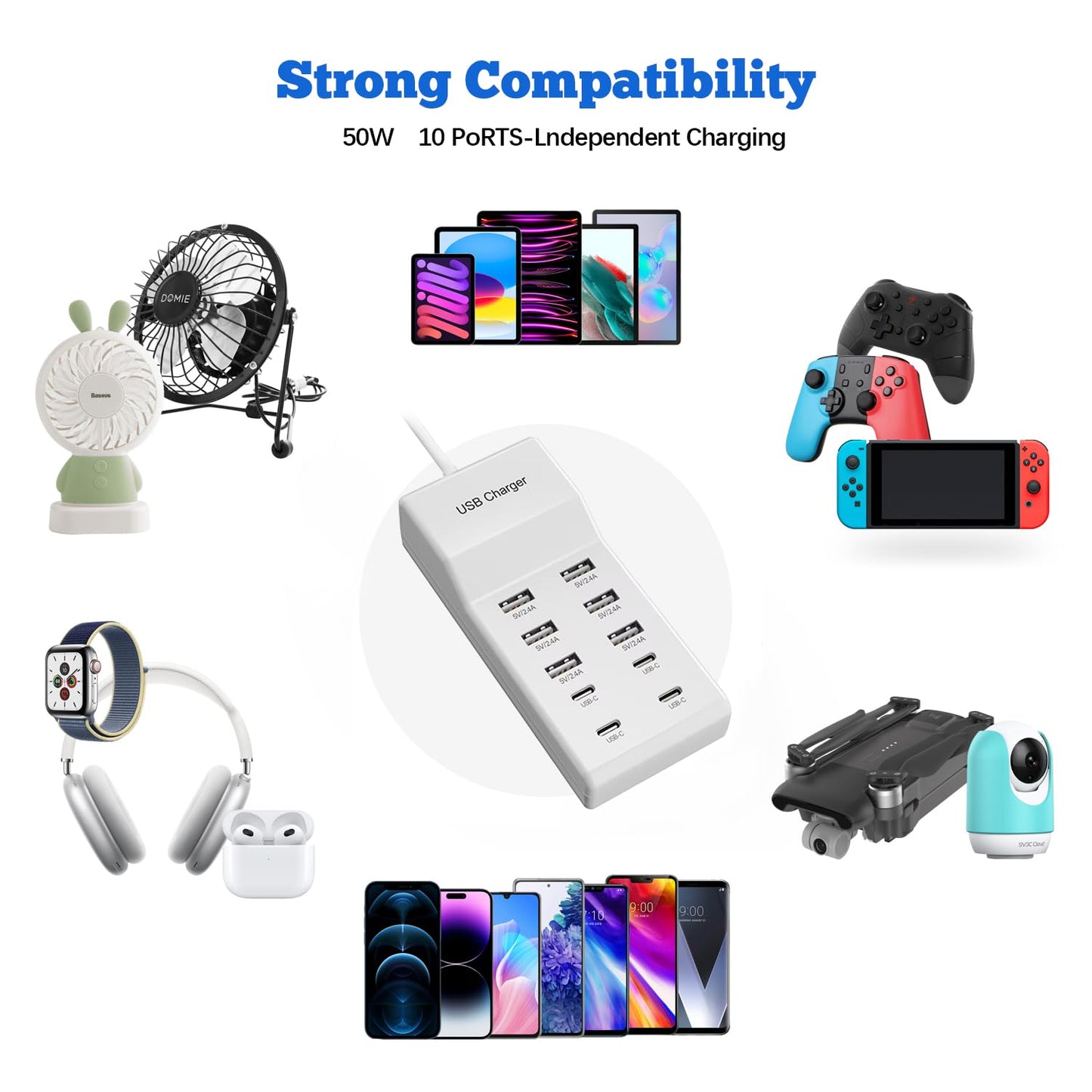 USB C Charger, 50W 10 Ports USB C Charging Station, USB C Charger Block, USB Charger Multiple Devices, USB Power Plug Desktop Charger Hub, USB Wall