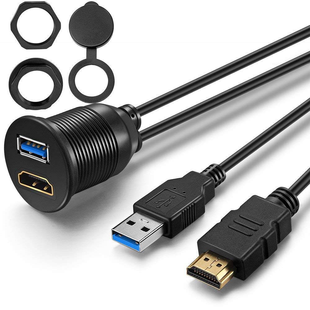 OBVIS USB3.0 and HDMI Mount Cable - USB3.0 and HDMI Extension Flush, Dash, Panel Mount Cable, for Car, Boat, Motorcycle (3 Feet)