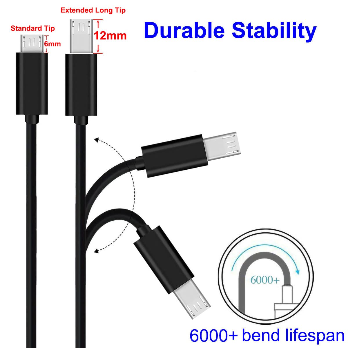UNIDOPRO 2Pcs 3FT 12mm Long Tip Micro USB Cable Compatible with Blackview BV4000 BV4900 BV5500 Pro/Plus BV5800 BV6000 BV6000s /Oukitel WP12 WP8 Pro