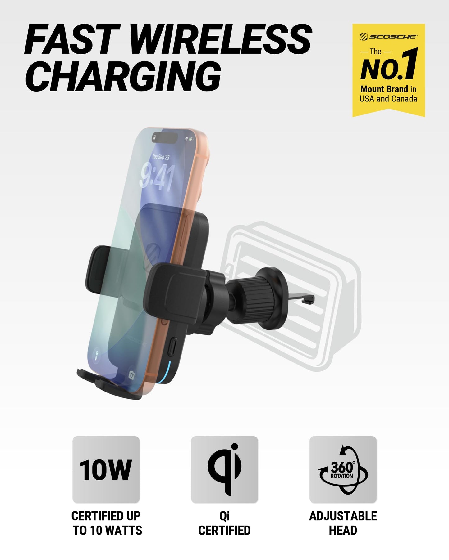 Scosche Wireless Car Charger, Auto Clamping Car Vent Phone Mount, Cell Phone Holder Charger with Twist-to-Secure Hook, 360° Rotation, Compatible
