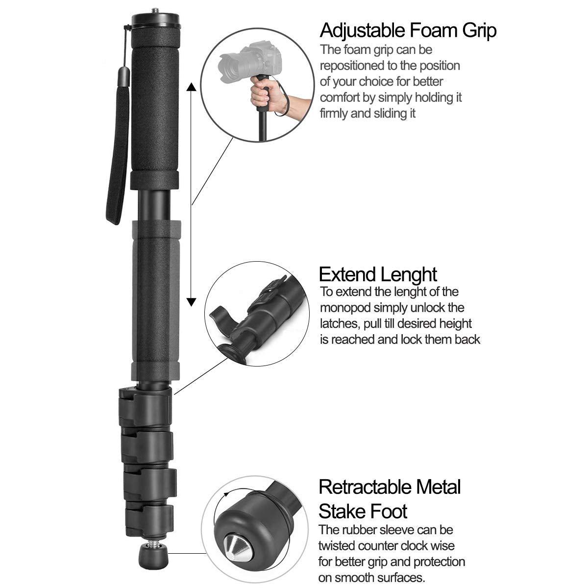 Acuvar 62 Inch Photography Monopod with Safety Strap - Lightweight Aluminum Camera Monopod for Travel & Outdoor Shooting