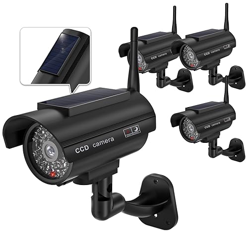WALI Dummy Fake Camera, Solar Powered Fake Security Camera with LED Light, Simulated Surveillance Security CCTV Dome Cameras with Antenna and Warning