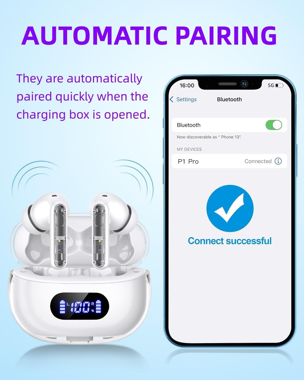 AIgetopANC Wireless Earbuds P1 PRO with Translucent Style, Bluetooth Headphones with Clear Call Mics, IPX7 Waterproof Ear Buds Deep Bass Wireless
