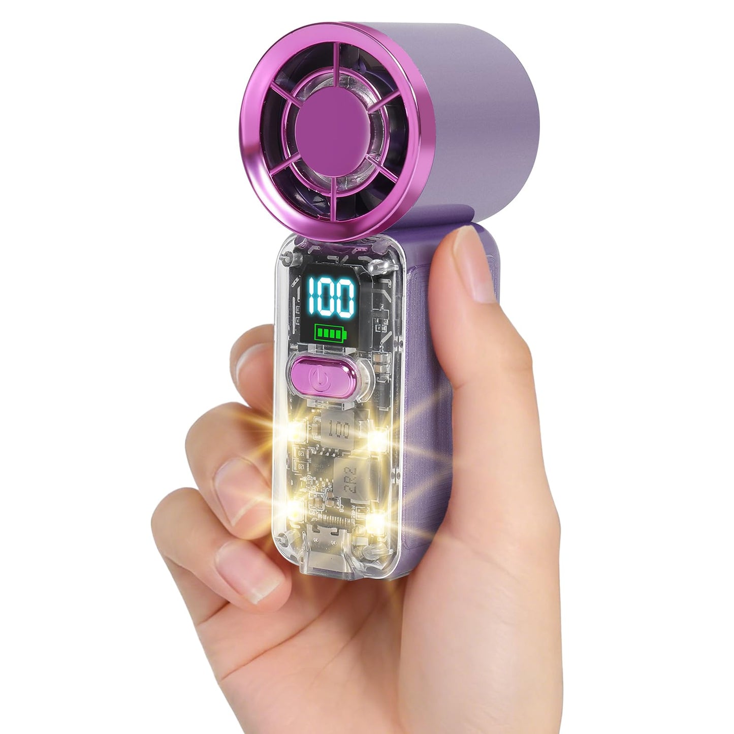Samffy Handheld Portable Turbo Fan with Lights, Cyberpunk Mini Fan with LED Display &5 Speeds,USB C Rechargeable Small Pocket Fan