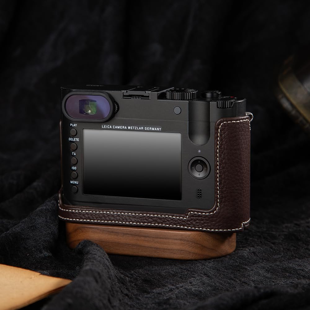 DBZZ Vintage Genuine Leather Camera Case?Half-Wrap Camera Protector For Leica Q (Mocha-white line)