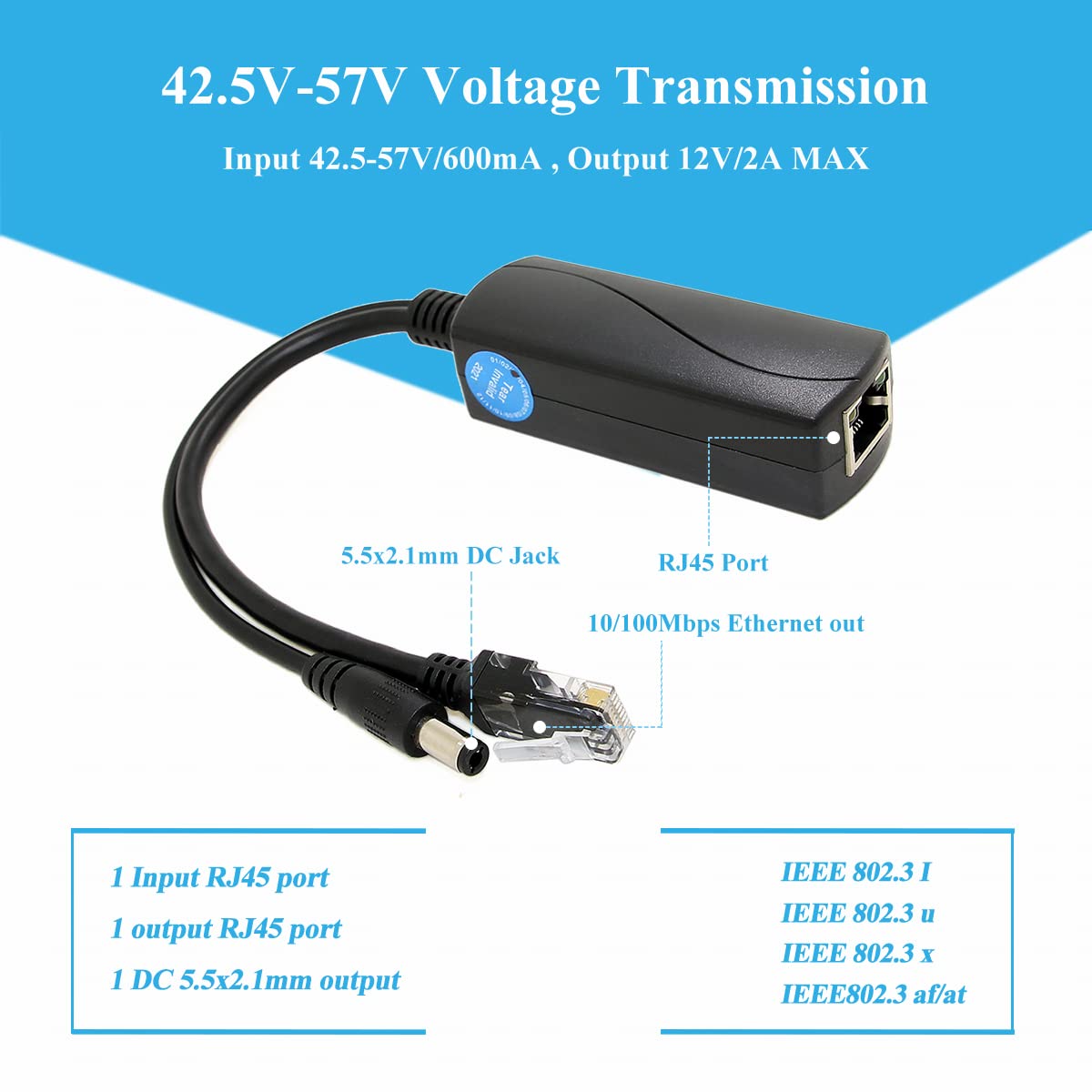 Active PoE Splitter 12V 2A Output, IEEE 802.3af/at Standard 10/100Mbps Power Over Ethernet Splitter for Security IP Camera DC Jack (PS5712AT Black)