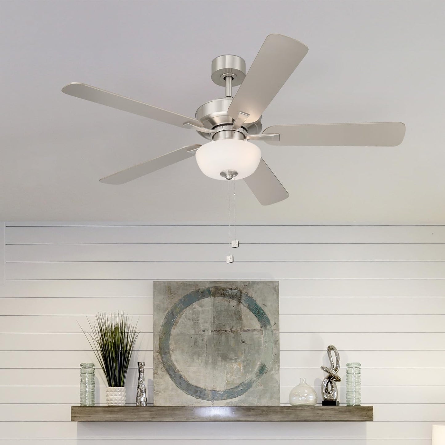 DESIGNERS FOUNTAIN Gallant II Ceiling Fan with Lights, 52 Inch LED 3000K Indoor Outdoor 5-Blades Fan, Pull Chain, Brushed Nickel, FP-GLT52B30A-BN