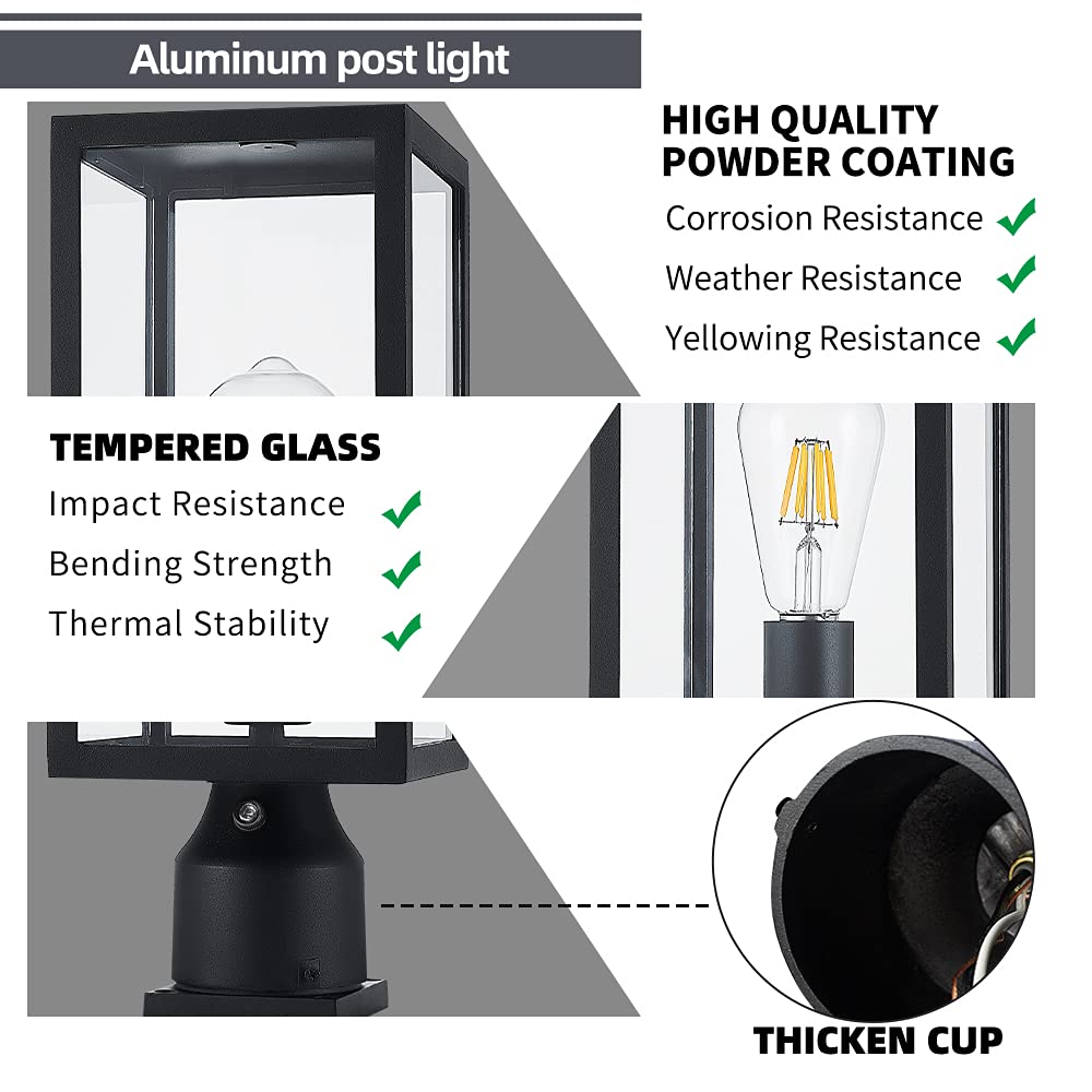Windben Large 15 inch Dusk to Dawn Outdoor Post Light,Waterproof Cast Aluminium Lamp Post Light Fixture,Post Lantern with Pier Mount Base,Matte