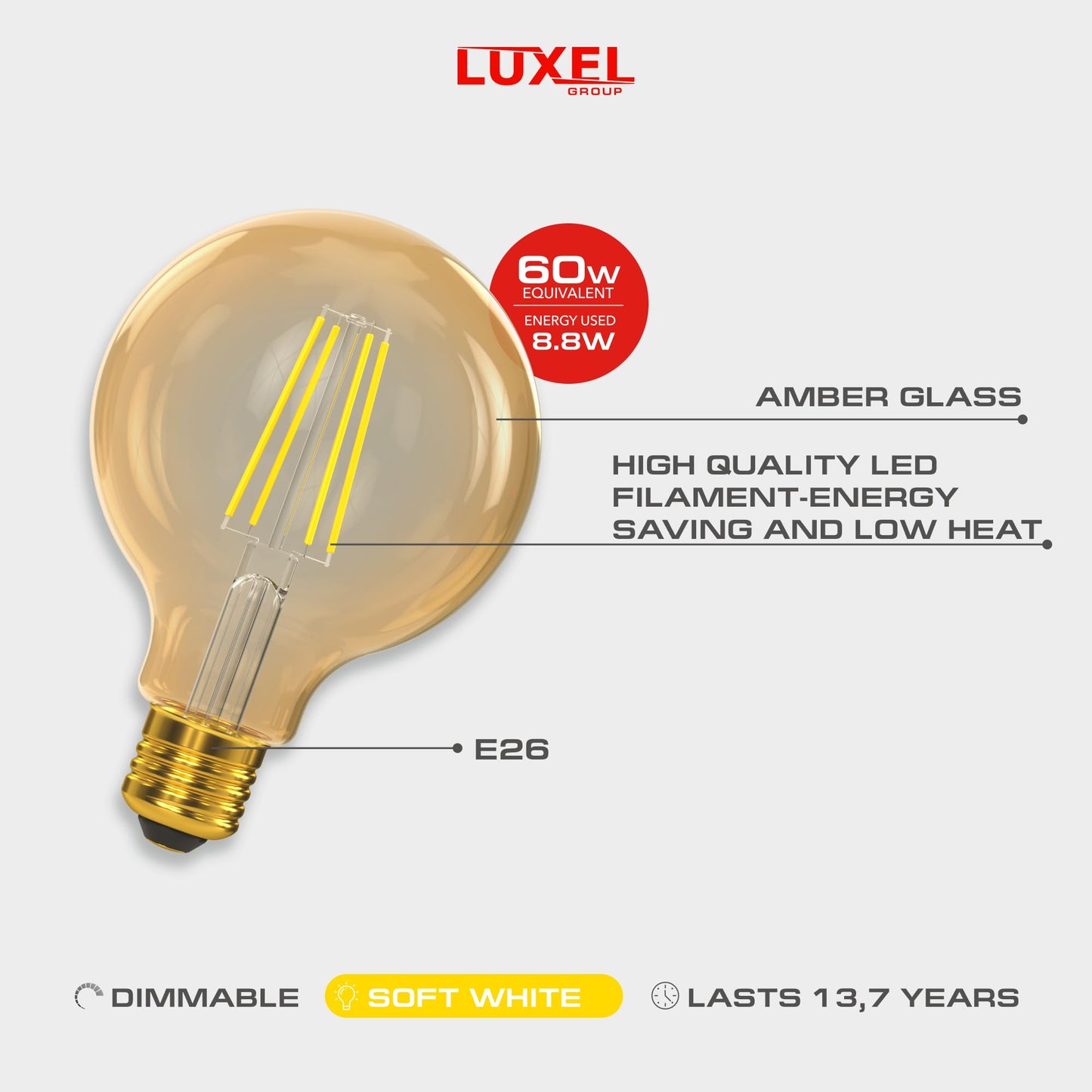 LUXEL GROUP Vintage LED Edison Bulbs G30/G95-8.8W Equivalent 60W - Dimmable Medium Brightness Soft White 2700K Antique LED Filament Bulbs - 800 Lumens
