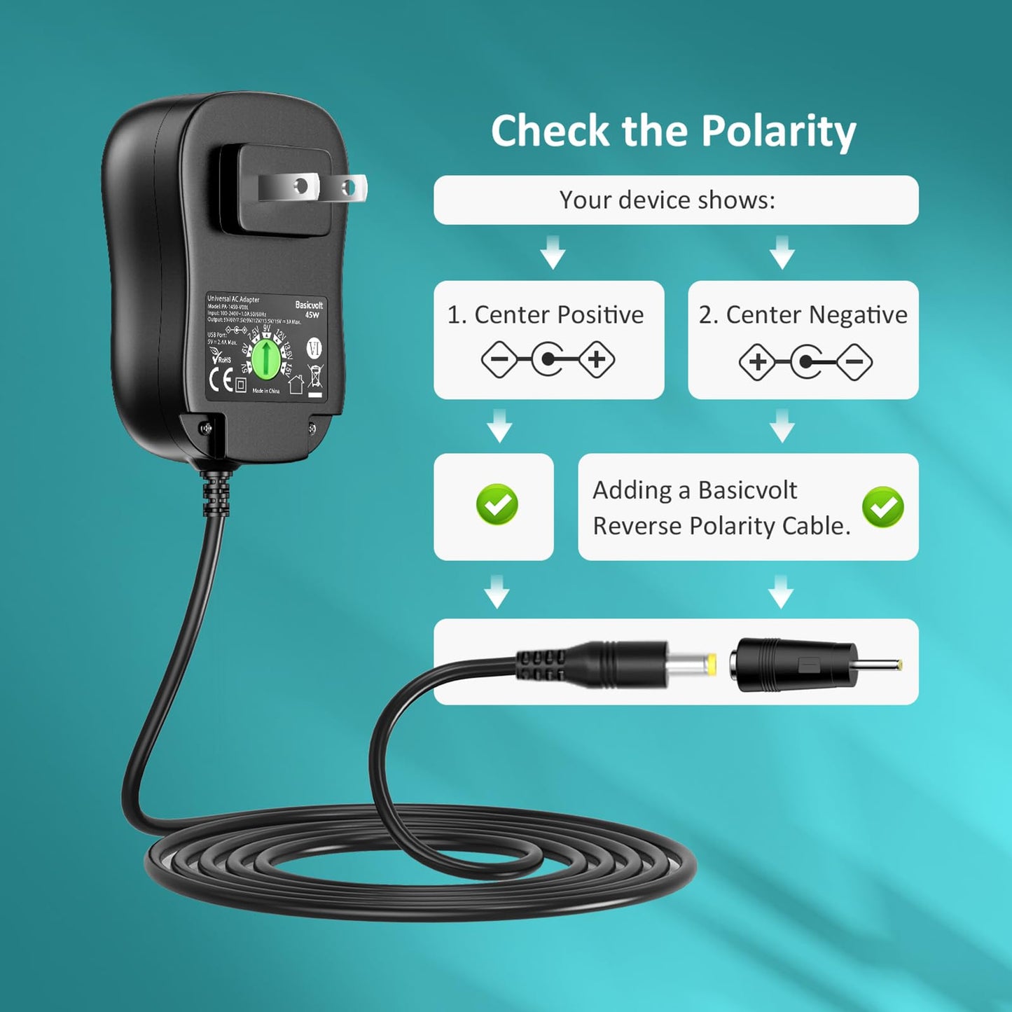 Basicvolt Universal Power Supply 5V 6V 7.5V 9V 12V 13.5V 15V 3A 2.5A AC DC Power Adapter 45W Wall Charger Cord with 5V 2A USB Port and 11 Tips…