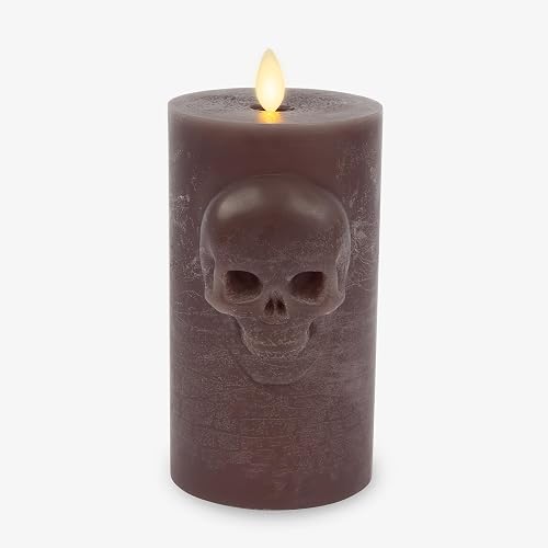 Luminara Chalky Skull LED Candle, Dark Chocolate, Moving Flame, Gothic Halloween Decor, Battery Operated Flameless Unscented Wax Timer Indoor
