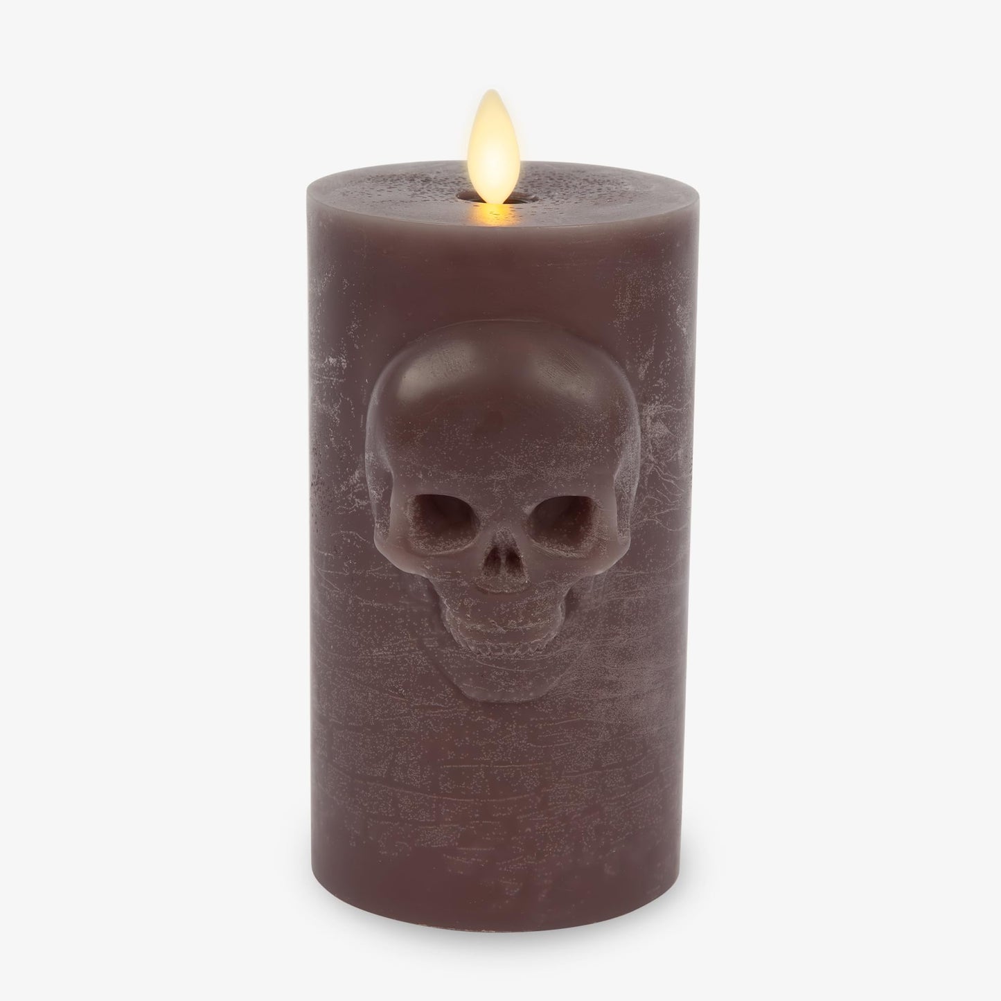 Luminara Chalky Skull LED Candle, Dark Chocolate, Moving Flame, Gothic Halloween Decor, Battery Operated Flameless Unscented Wax Timer Indoor