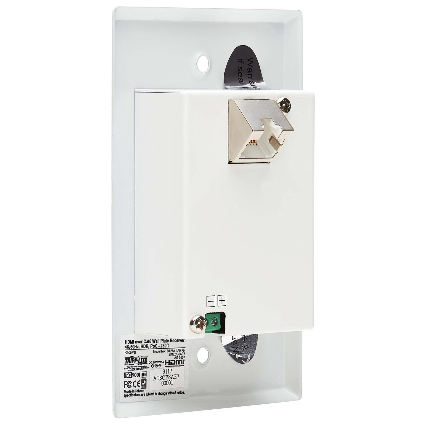 Tripp Lite HDMI Over Ethernet Cat6 Receiver, 1-Port Wall Plate - Up to 230 feet or 70.1 Meters - 4K 60Hz Video, HDR, 4:4:4, PoC, HDCP 2.2, TAA
