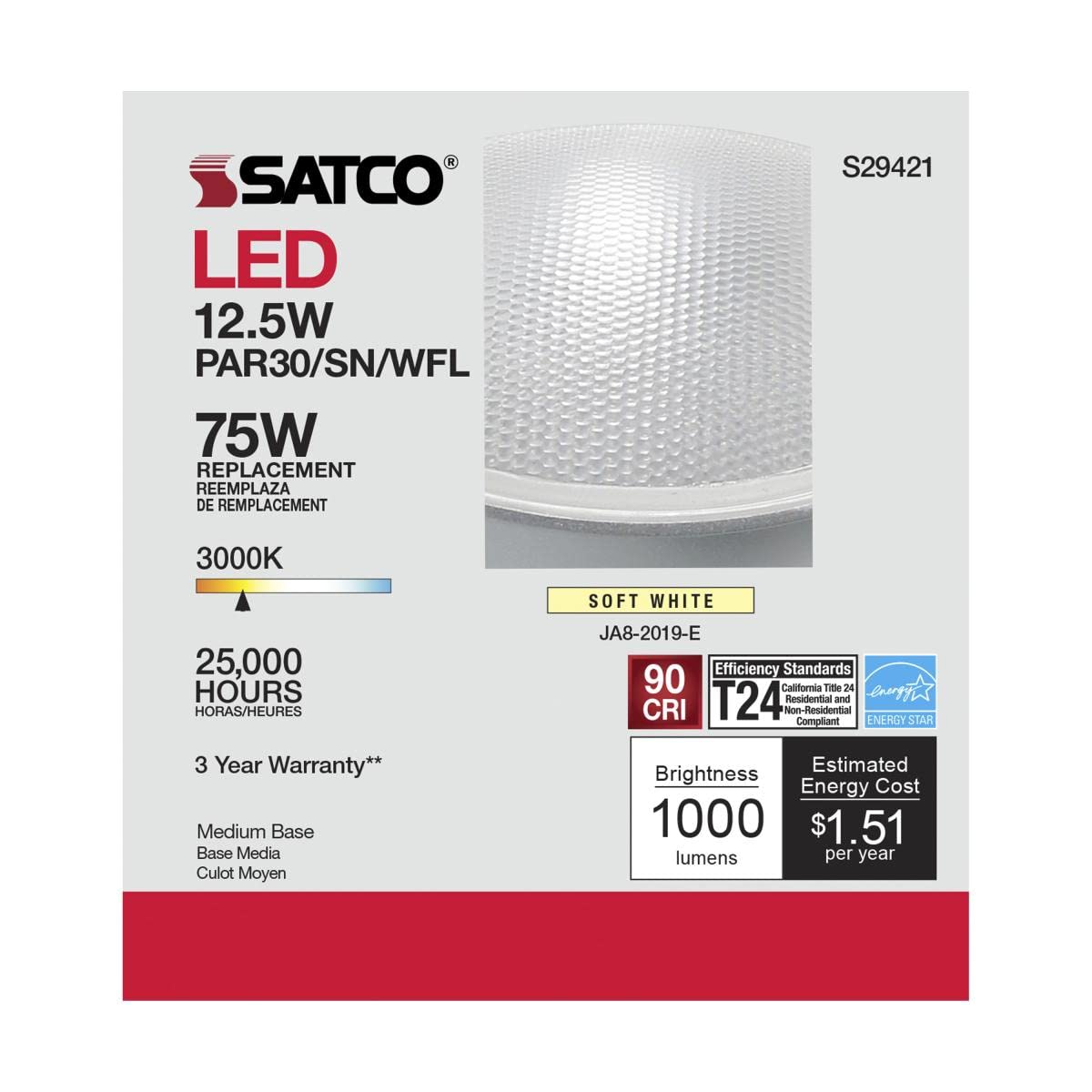 Satco S29421 6-Pack 13PAR30/SN/LED/60'/3000K/120V/D 13W PAR30 Short Neck Indoor/Outdoor Dimmable LED 60° Flood lamp (3000K)