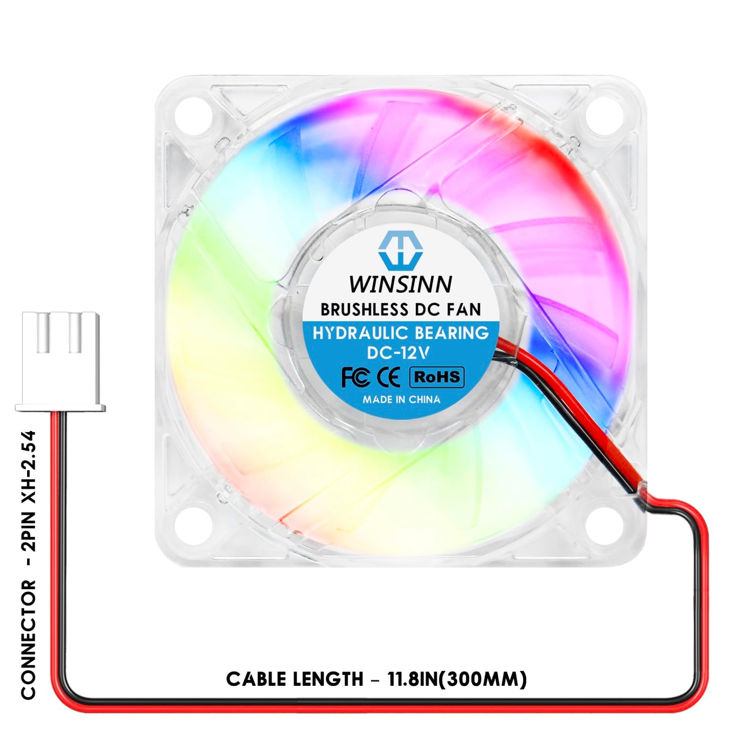 WINSINN 60mm RGB Fan 12V, LED Colorful Micro 24 Volt Fans 6010 Hydraulic Bearing, Brushless Cooling 60x10mm 2PIN, Works with 3D
