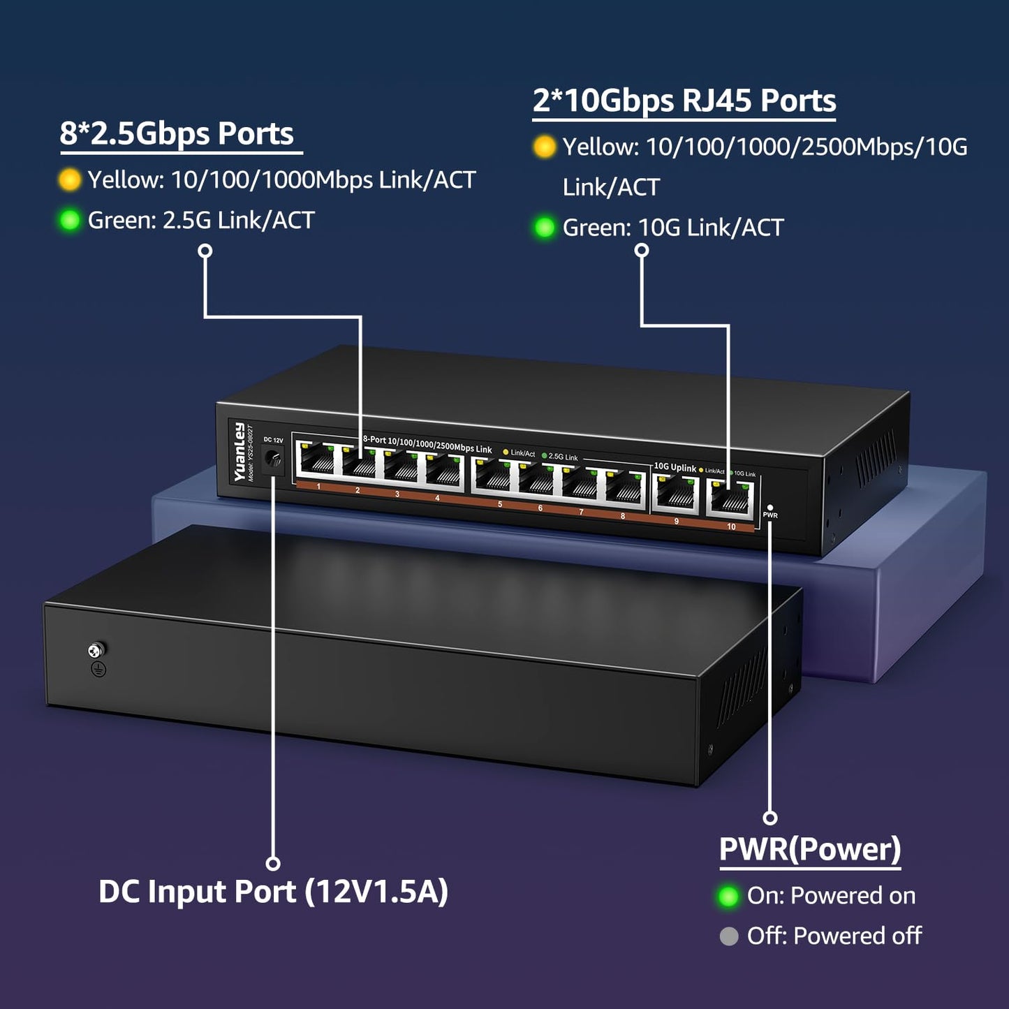 10 Port 10G Ethernet Switch Unmanaged, 8 x 2.5G Base-T Ports, 2 x 10Gb RJ45 Ports, Compatible with 100/1000/2500Mbps, Metal Case Fanless, YuanLey