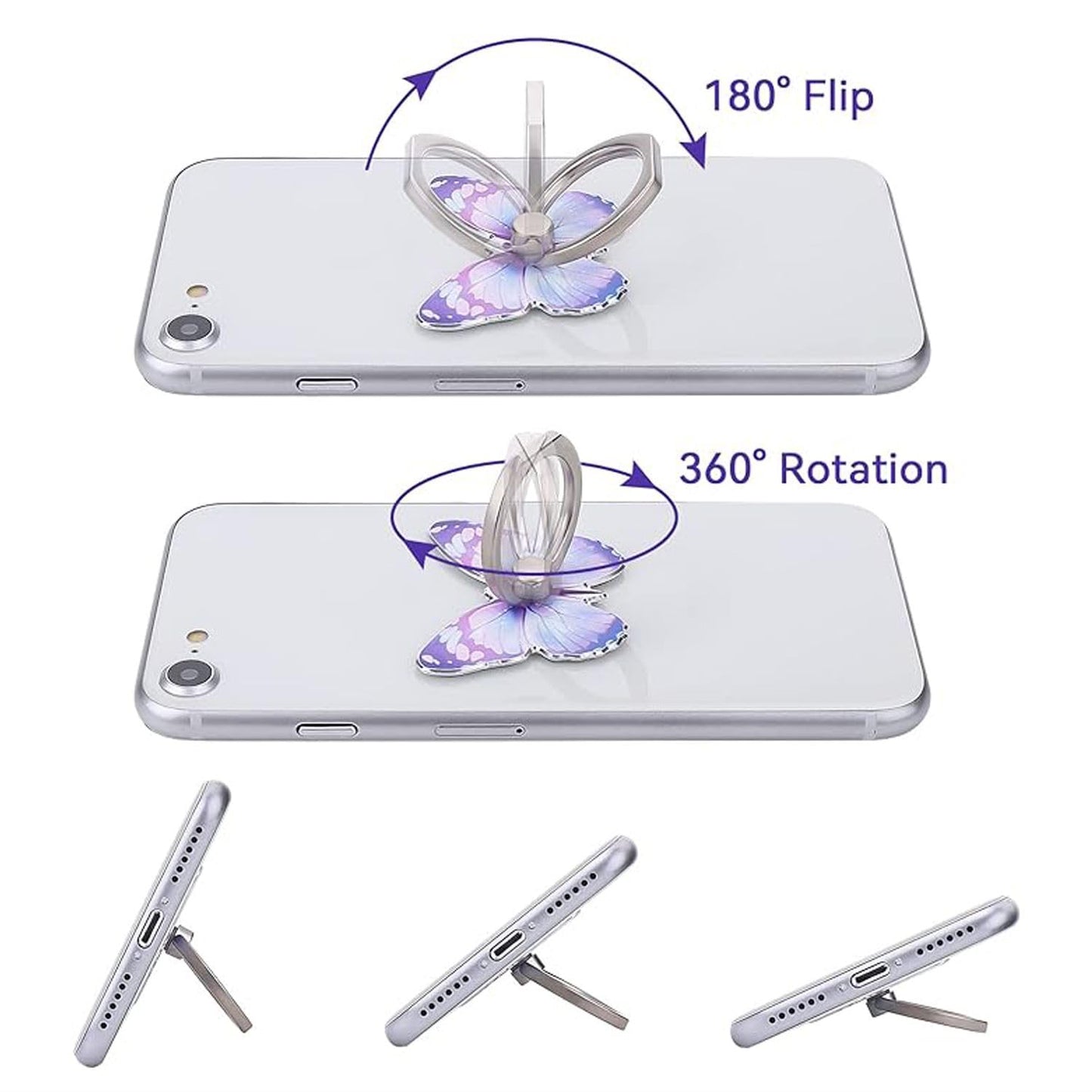 2 Pcs Butterfly Cell Phone Ring Stand Holder, Cute Butterfly Design Finger 360° Rotating Metal Hand Phone Stand Holder, with Adjustable Knob Loop