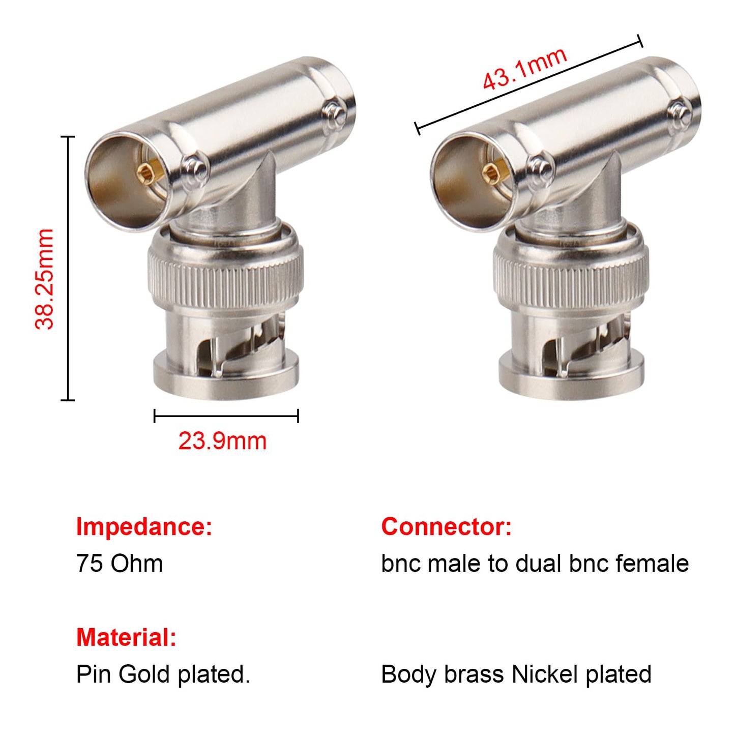 XRDS-RF BNC Splitter Adapter 2 PCS, 75 Ohm Male to Dual Female 3 Way Video for CCTV Security Cameras