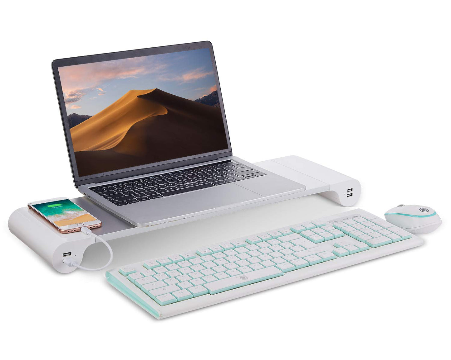 PG Silver Monitor Stand Riser with 4-Port USB Charging ports, Convenient keyboard organiser,Desktop Organizer for Computer, Laptop, TV, Printer