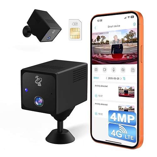 No WiFi Security Camera, 4G LTE Cellular Camera with SIM Card, Mini Portable Car Security Camera Anti Theft, Radar Motion Detection Through Glass, 4MP