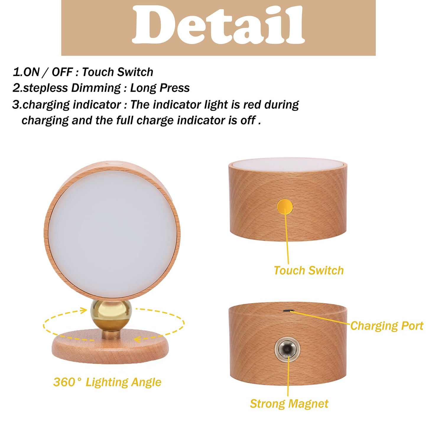 LANDGOO 1-Pack Wood Wall Sconce, Beech Wood Magnetic 360° Rotatable Cordless Bedside Lamp, Rechargeable & Dimmable LED Light with Touch Control