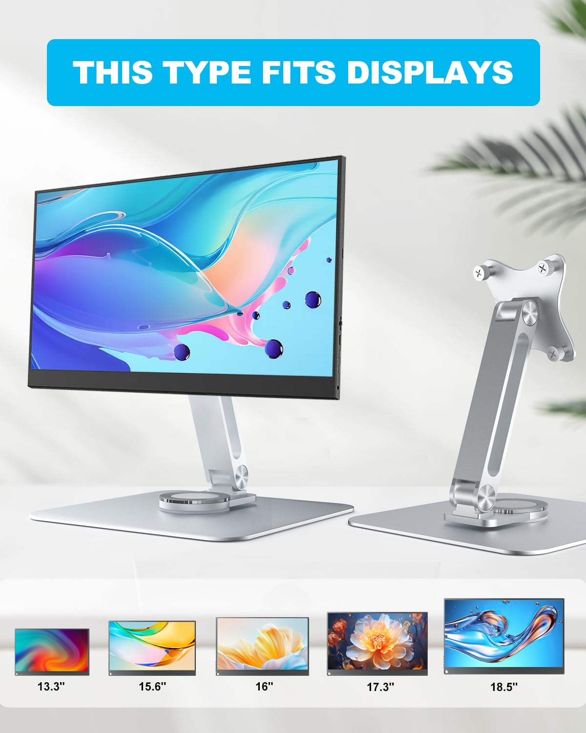 JUNEBOX 75x75mm VESA Monitor Mount Stand, M4 Anti-Loss Screws, Aluminum Alloy Base, Fits 7"-18" Small Portable Monitors, Silver Foldable Lay Flat