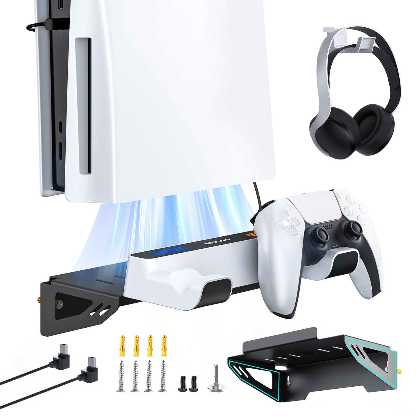 NexiGo Wall Mount Kit with Charging Station for PS5 and PS5 Slim/Pro Versions, Dual Controller Chargers, Steel Wall Stand, and Headphone Hanger