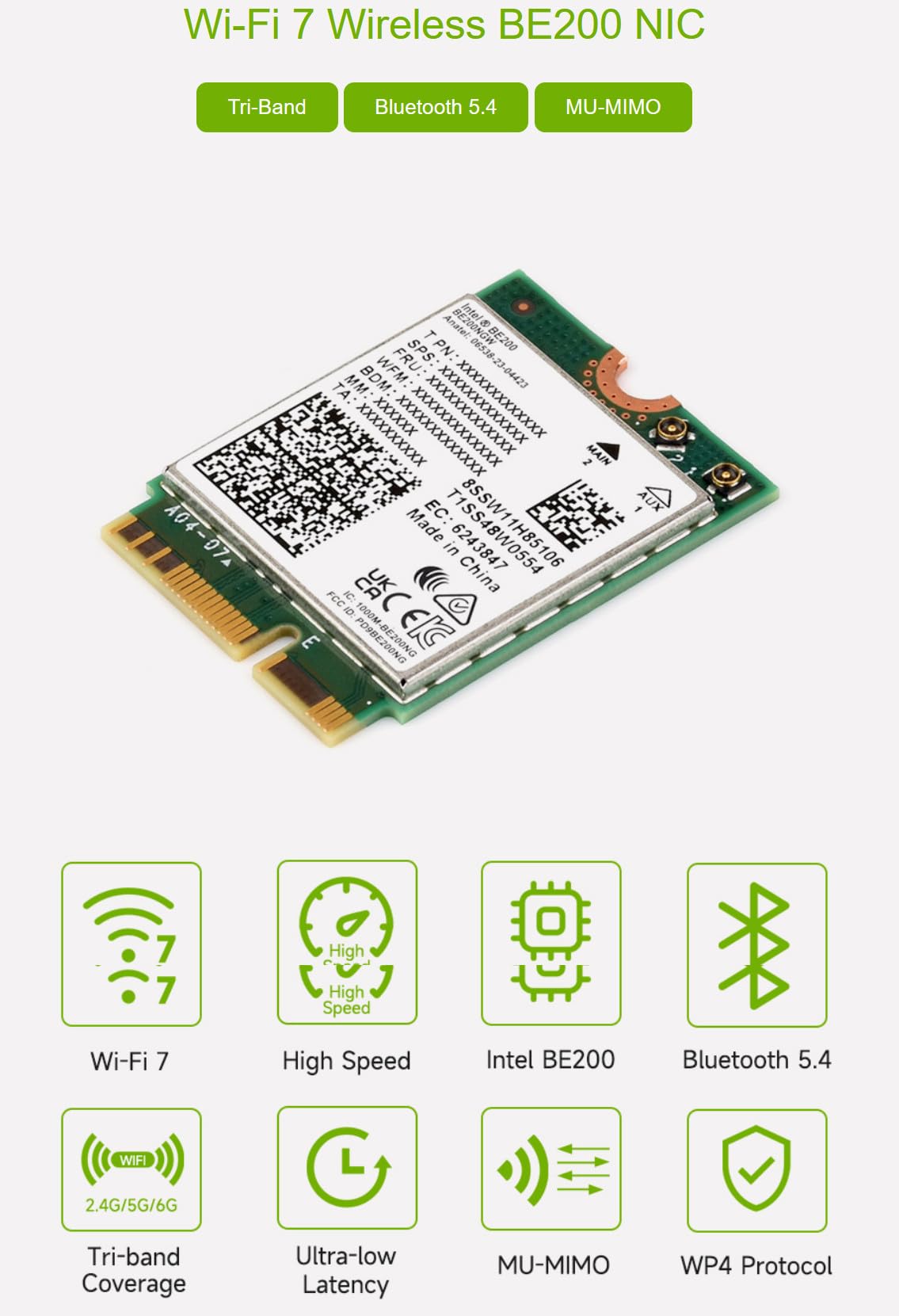 XYGStudy Wireless BE200 NIC, Gigabit Tri-Band Wi-Fi 7, IEEE 802.11a/b/g/n/ac/be/ax Standard, BLT 5.4 (Wireless-BE200)