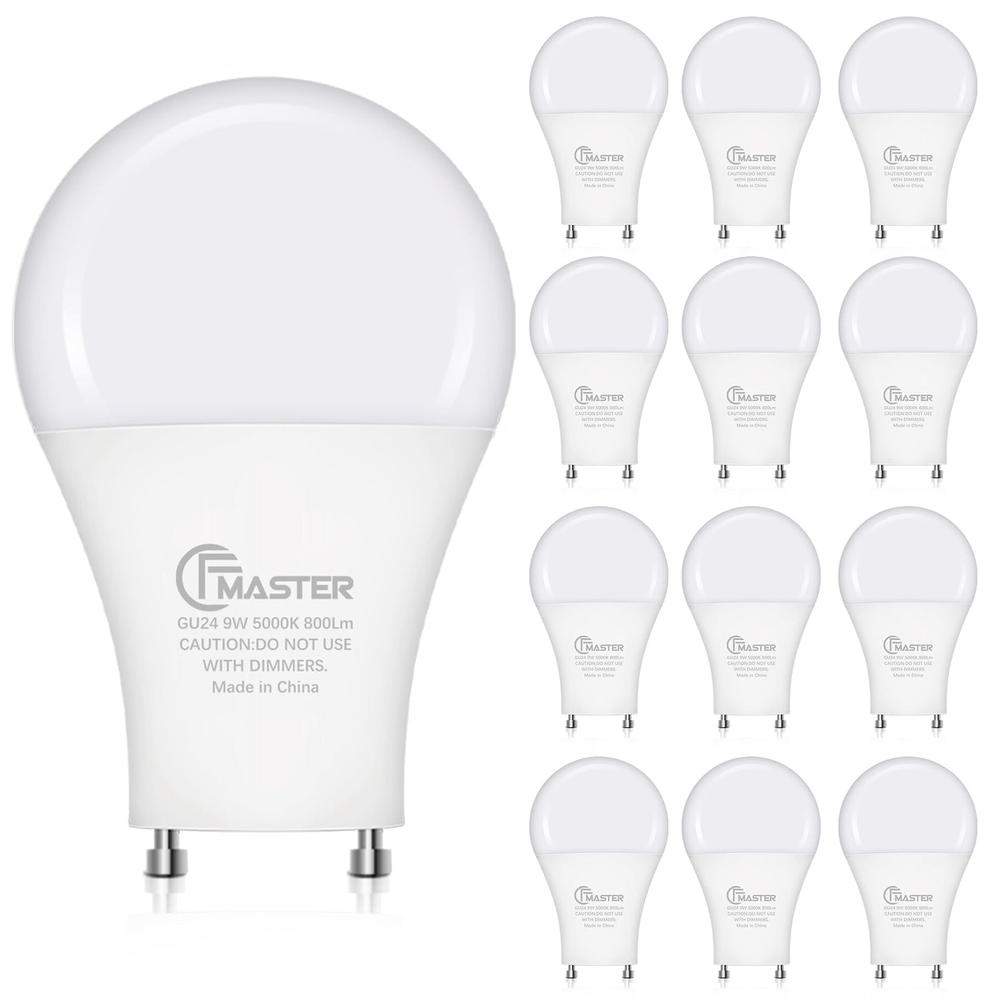 CFMASTER GU24 LED Light Bulb, 5000K Daylight, 9W(100W Equivalent), 800 Lumens, A19 Shape GU 24 LED Bulbs, Twist and Lock GU24 Pin Base with Two